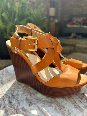 Michael Kors Cognac Leather Wedge Sandals with Gold Buckle